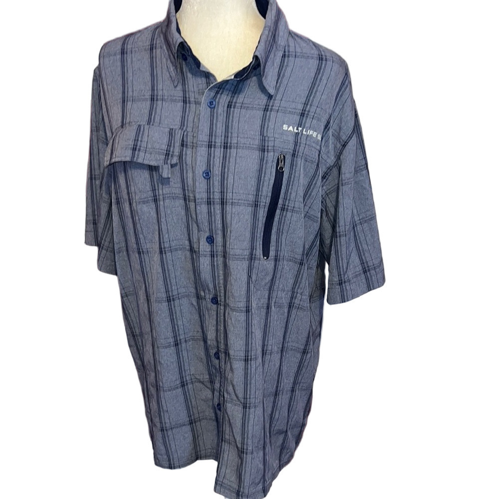 Salt Life Shirt Mens Blue Plaid UVapor Vented Fishing Roll Tab Lwrge